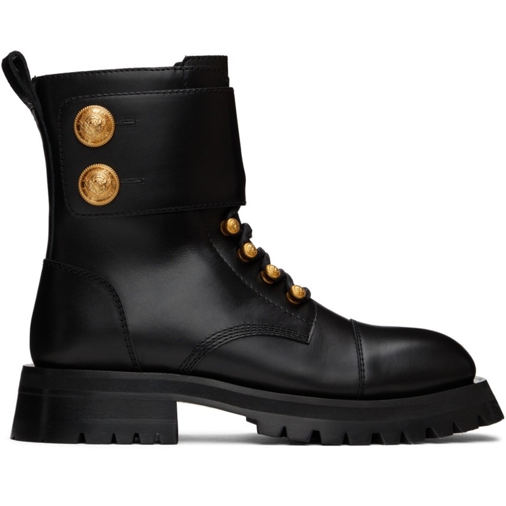 Balmain Ranger Romy Combat Boots Sz 40.5 Black Gold Button Lug Sole Chic French